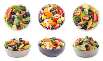 Delicious fruit salads in bowls isolated on white, top and side views