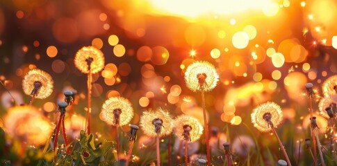 Abstract blurred background with beautiful dandelions and bokeh lights on a sunset sky