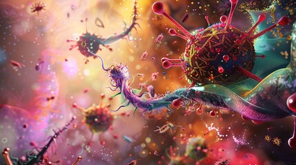 from its entry into a host cell to its replication and spread, using vibrant colors and dynamic compositions to depict the intricate biological processes involved in viral infection and transmission