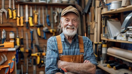 Senior man offering free repair services at a neighborhood tool library