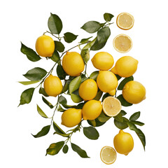 A vibrant group of ripe whole yellow lemons with green leaves stands out against a transparent background accompanied by a slice of zesty lemon This image embodies the essence of fresh organic pro