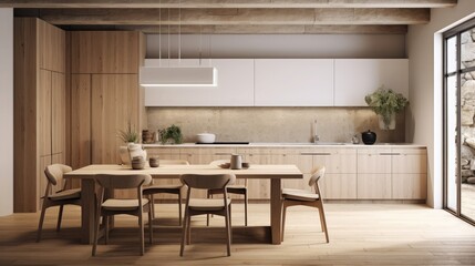 Linen, beige, light oak, Luxury home dining room and kitchen interior with natural rustic modern deisgn