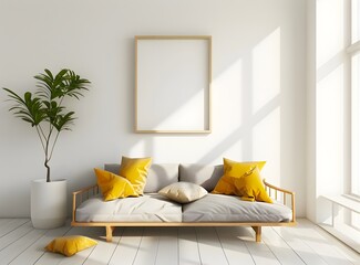 White living room with a light gray sofa and wooden frame, yellow pillows on the couch, a plant in a white pot near the window