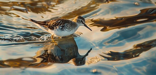 A common sandpiper darting across rippling waves, its reflection mirrored in the glistening water.  - obrazy, fototapety, plakaty