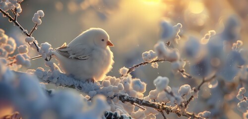 Delicate snowflakes dusting the ground reveal a fluffy white bird exploring its wintry wonderland. 
