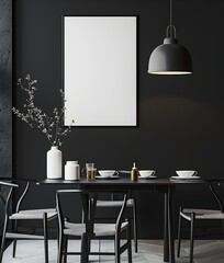 white poster mockup on black wall, dining table in front of it, black background, minimalistic interior design