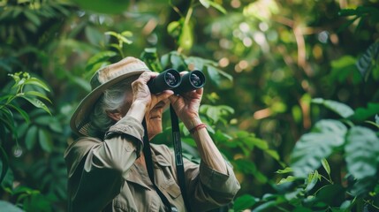 Senior woman bird watching with binoculars in a lush national park