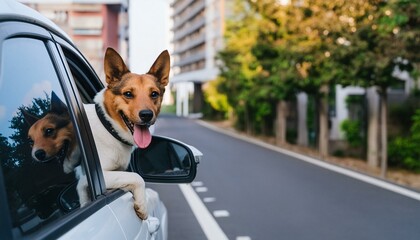 ドライブ中の車から顔を出す犬
