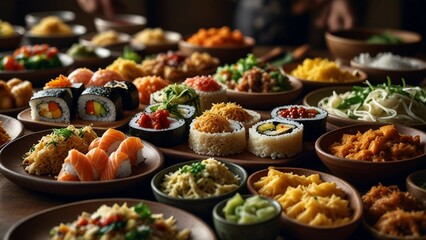 Fototapeta premium a table full of different types of sushi