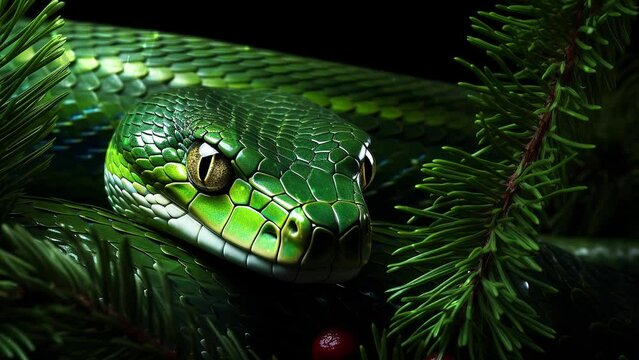 Green tree snake on a green background with Christmas tree branches. Background with flying patterns. Generative AI.