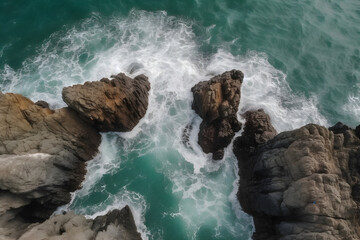 Aerial view of crashing waves on rocky sea cliffs during overcast day