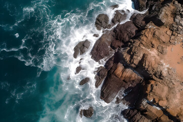 Aerial view of turquoise waves crashing on rocky shoreline during daylight - Powered by Adobe