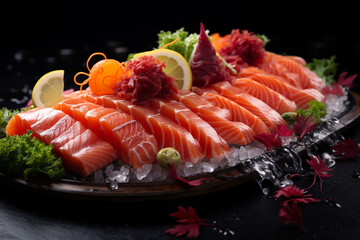 fresh salmon sashimi japanese food style on wooden background
