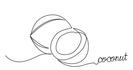 Continuous line drawing of a half-cut slice of coconut Delicious organic
 fruit.Summer beach fruit vector illustration.Natural Ripe Coconut, oil, milk summer vacations, beach concept.
