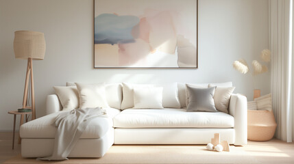 Scandinavian interior design style living room with sofa and paintings on the wall modern contemporary design room