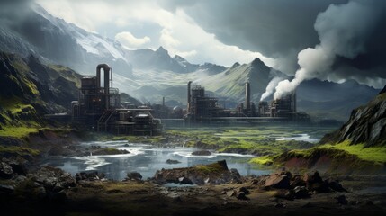 Fototapeta premium A captivating image of a geothermal power plant nestled amidst a rugged, volcanic landscape, utilizing the Earth's internal heat to produce electricity.