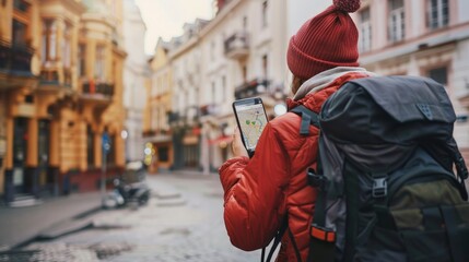 Fototapeta premium Adventurous traveler hiking in urban surroundings, using a smartphone for directions