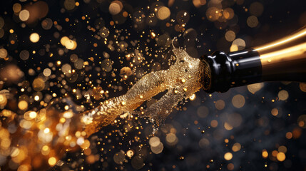 A bottle of champagne is being poured into a glass, creating a sparkling effect