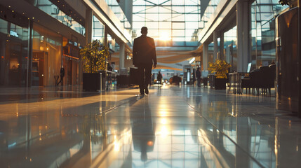 A man is walking down a hallway with a briefcase