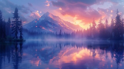 A peaceful vista of a mountain peak or tranquil lake at dawn or dusk with soft pastel hues painting the sky and reflecting on the waters surface - Powered by Adobe