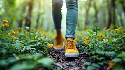 A person taking a leisurely walk in nature surrounded by lush greenery and fresh air - Powered by Adobe