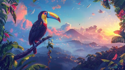 illustration of a beautiful toucan on a branch