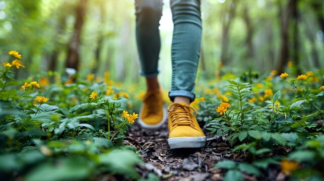 A person taking a leisurely walk in nature surrounded by lush greenery and fresh air