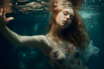 Serene underwater portrait of a woman with flowing hair