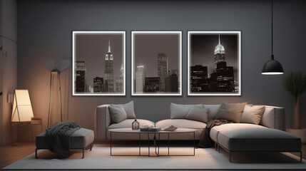 Scandinavian interior design style living room with sofa and paintings on the wall modern contemporary design room