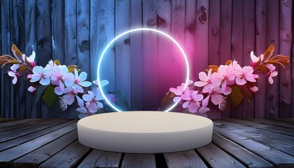 Close-Up Round White Podium on Wooden Platform: Abstract Background with Frame