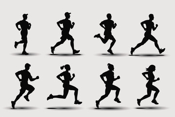 Collection of running men and women on white background, vector