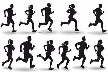 Collection of running men and women on white background, vector