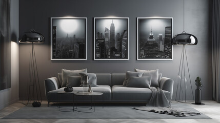 Scandinavian interior design style living room with sofa and paintings on the wall modern contemporary design room