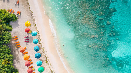 A beach with many colorful umbrellas and chairs
