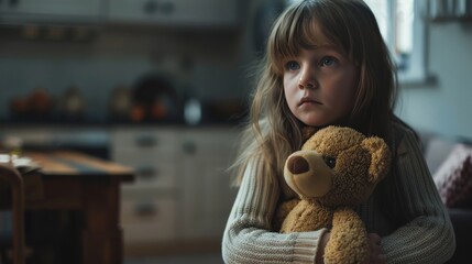 A child clutching a teddy bear, with audible arguing in the background