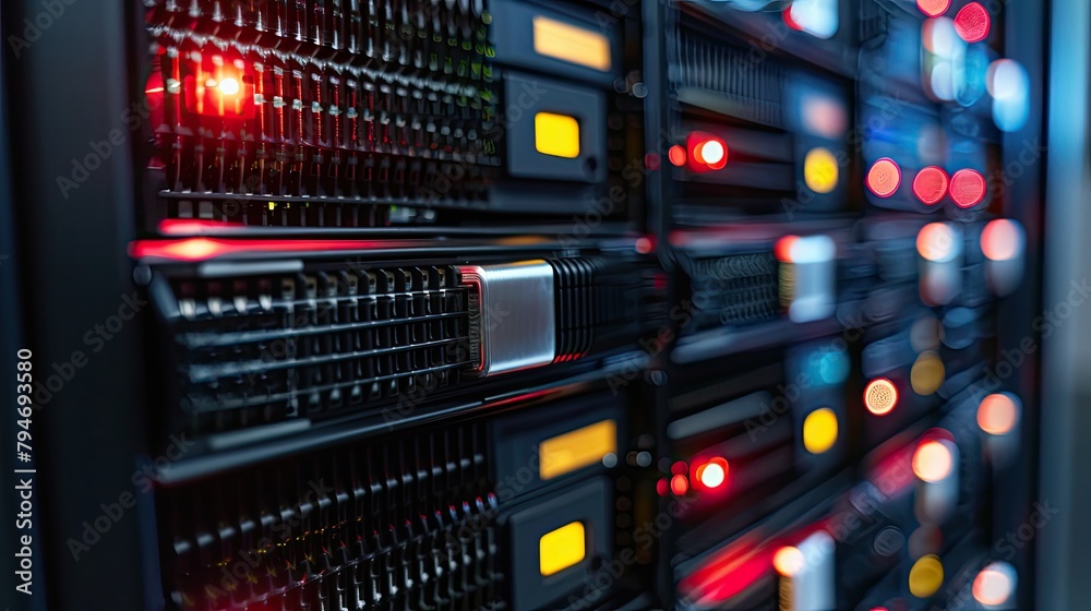 Poster row of network servers with glowing led lights