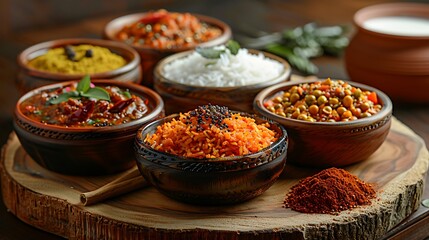 Assorted Indian recipes food various with spices and rice on wooden table