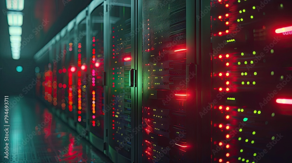 Poster row of network servers with glowing led lights