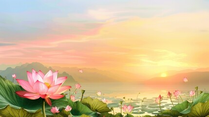 Fototapeta na wymiar Background of sunset beauty adorned with a pond of fresh, enchanting pink lotus flowers, creating a cool and calm atmosphere