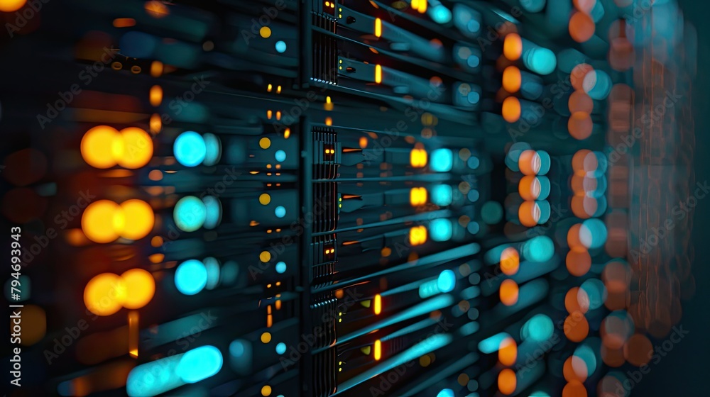 Poster row of network servers with glowing led lights