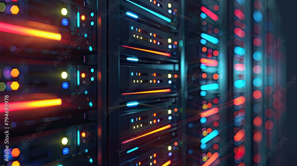 Poster row of network servers with glowing led lights