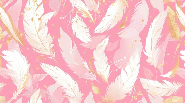 A vibrant design featuring shiny white feathers on a pink backdrop adorned with glitter