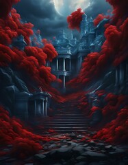 Stairway Leading to Castle With Red Smoke. Generative AI