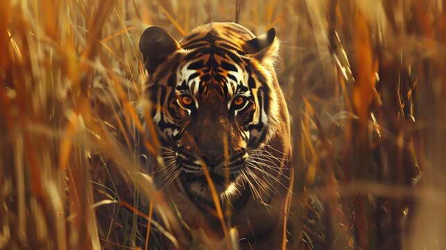 A regal Bengal tiger stealthily stalking through tall grass in the Indian wilderness
