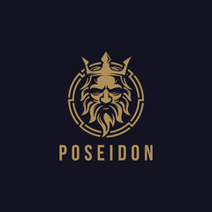Poseidon neptune god logo icon, triton trident crown logo icon vector template on dark background