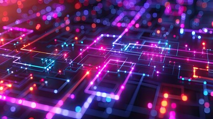 Neon maze of interconnected digital pathways