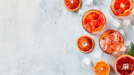 Red cocktail with Campari or bitter, Spritz with Sicilian red oranges (tarocco) on light gray concrete background, copy space. Aperitif, natural eco aesthetic, white background, top view