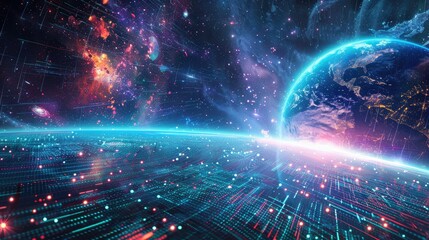 Metaverse digital world cyber space background, neon colorful global world in cyber space