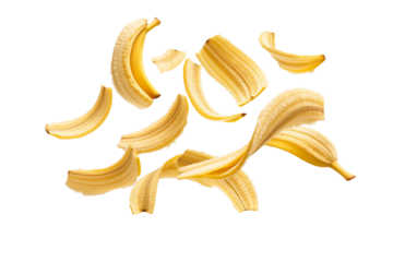 Banana chips slices isolated on a transparent background. Flying banana