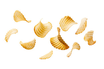 Potato chips flying isolated on a transparent background
